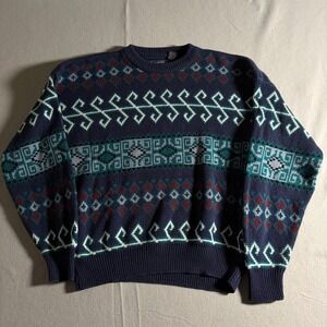 Editions by Van Heusen Vintage 90s Geometric Knit Sweater Navy‎ Blue XL